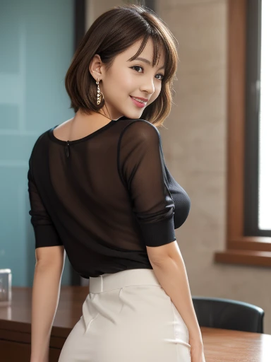 (( Masterpiece))、(( top quality))、 photos、reality、 Hi-Res、 increased depth of field、Get used to it、  realistic lighting 、secretary、40 years old、 gentle face、 short hair、 realistic background with accessories、 big, rich breasts 、 Sexy Lips、An office with a ...