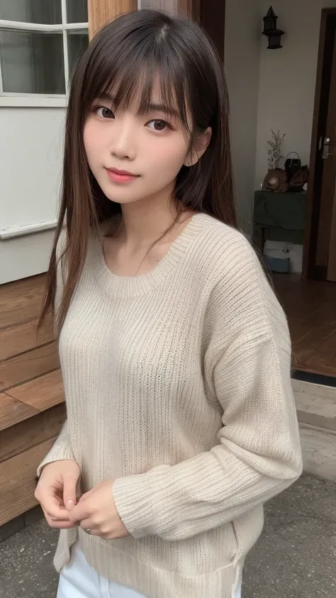 Asian beauty with long hair and bangs, 40 years old, wearing a sweater 