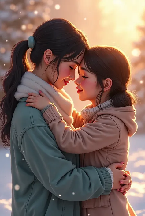 the best quality, 4k, masterpiece, upper body, hugging, tear in eyes, blush, light, 2girls, snow cap, coat, snow, white, happy, wavy mouth, arms around neck, sun, forehead-to-forehead, mother, daughter, looking at partner