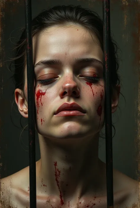 a woman and a  are shown with a red arrow, a portrait inspired by Eleanor Layfield Davis, featured on pixabay, renaissance, beaten, stained”, skinned, the woman is behind bars, photo illustration, 000, 0 0 0, appalling, silent, battered, she is distressed,...