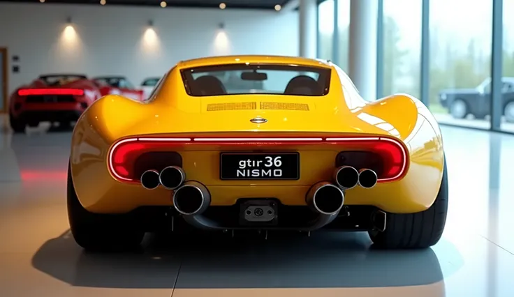 "A realistic, high-quality image of a modern sports car seen from the back resembling a 1960 nissan gtr 36 nismo The car is yellow with glossy paint and a sleek, aerodynamic design. It has four large, round exhaust pipes and a wide, continuous red LED back...