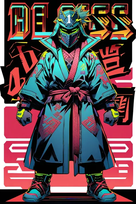  Cyberpunk Ninja Action Novel。solo ninja 。((white background illustration ))。(( full body illustration))。(( Standing))。 cyberpunk mask。A flashy judo-style ninja costume。Dragon pattern。Jee-Kun Do's Master。The style of the boss。