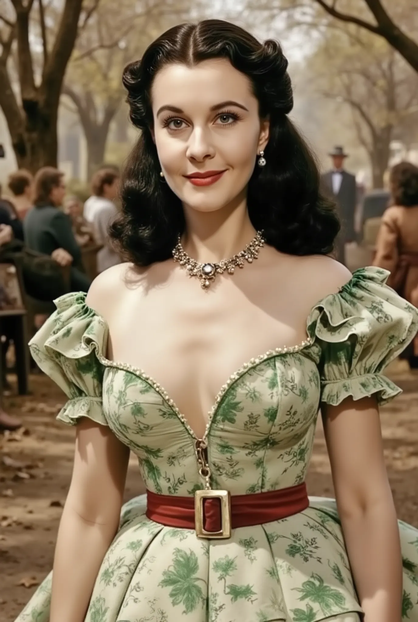 Portrait, Front  view,  full body, standing pose, on old Atlanta street, looking at  viewer, name is  Vivien Leigh,  (black classic middle hair , smile,  pearl earrings and  neckless) , (White base with green flower pattern design  19 century ancient silk ...