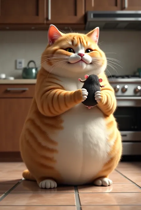 Fat cat Cat making mouse that he caught food in kitchen standing in two legs in 8k realastic