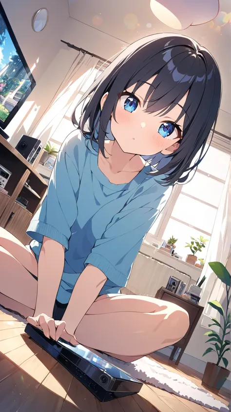 one&#39;s home、sit、tv set、Houseplants、magazine、tv setゲームをしている、 1 girl, solo、 blue eyes,  black hair、 Dutch angle,  lens flare,  wide angle shot、 Widescreen 、