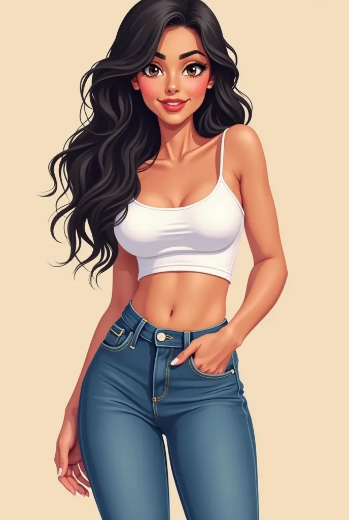  A sexy cartonn woman in jeans and white crop top posing gracefully for a photo, beauty in jeans, wavy black hair, Waist slender, sexy girl, mulher de corpo inteiro, wearing jeans, beautiful seductive woman, slender figure, cartoon vector style, corpo pin-...