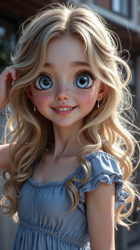  A complex and lifelike depiction ， shows a girl with charming blue eyes and flowing blonde hair。 A detailed depiction of her happy expression 、Freckles and thin lashes 。 wearing a blue dress she elegantly touches her hair ， shows a similar model A like lo...