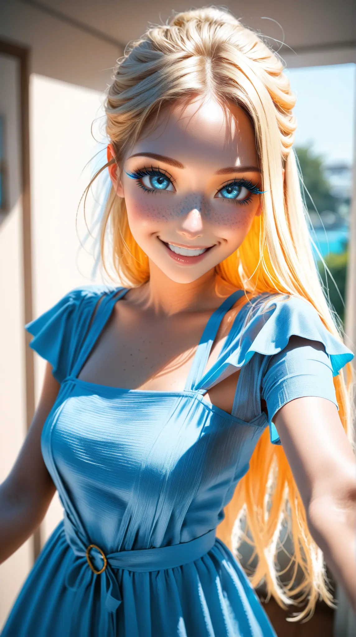  A complex and lifelike depiction ， shows a girl with charming blue eyes and flowing blonde hair。 A detailed depiction of her happy expression 、Freckles and thin lashes 。 wearing a blue dress she elegantly touches her hair ， shows a similar model A like lo...