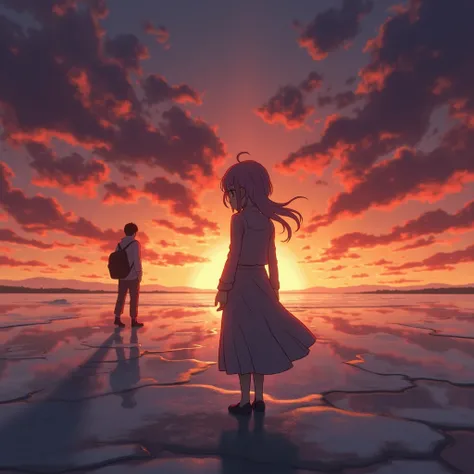 A dramatic back-view shot of the narrator walking away from Mary anime  style, who stands frozen with tears streaming down her face. The sky in the background is a vibrant sunset, symbolizing an impending ending.