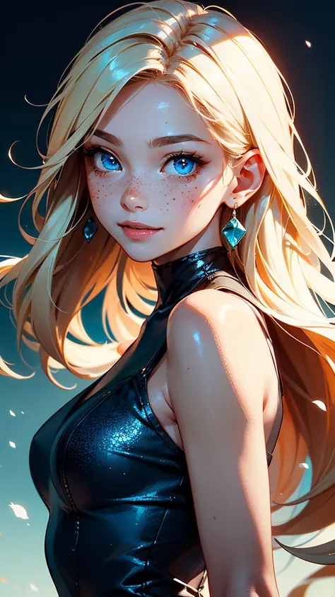  A complex and lifelike depiction ， shows a girl with charming blue eyes and flowing blonde hair。 A detailed depiction of her happy expression 、Freckles and thin lashes 。 wearing a blue dress she elegantly touches her hair ， shows a similar model A like lo...