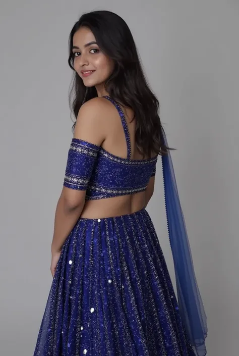 Realistic photo of waist of Beautiful south indian girl dusky in indigo hot revealing lehenga