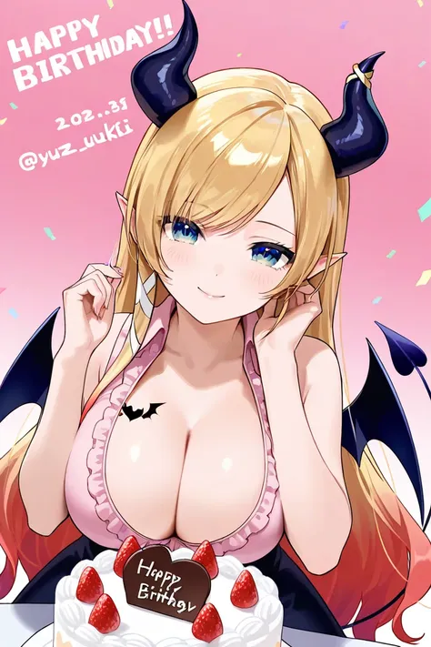 Yuzuki Choco, horns, long hair, gradient hair, blue eyes, demon wings, demon tail, large breasts, cleavage, breast tattoo, birthday cake, smile