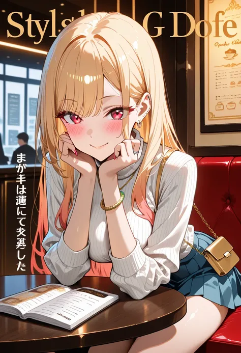 Marin Kitagawa, sitting at a stylish café booth, completely focused on the menu in her hands, slightly leaning forward as she decides what to order, long loose blonde hair softly cascading over her shoulders, light pink ombre hair, red eyes, earrings, styl...