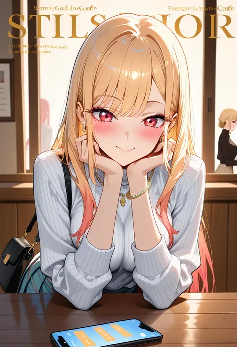 Marin Kitagawa, sitting at a cozy café, completely focused on her smartphone, slightly leaning forward with both elbows resting on the table, long loose blonde hair cascading over her shoulders, light pink ombre hair, red eyes, earrings, stylish gold brace...