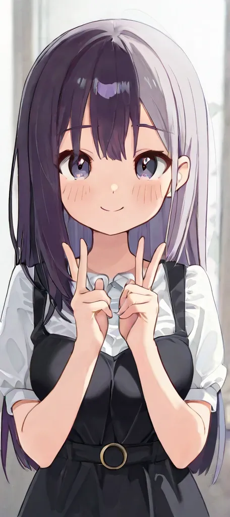 One girl in the world, solo, chest,  blushes,  smiles,  long hair,  black hair,  blur background,  top quality,  Hi-Res, Purple Hair, Gray Hair,  illustration,  anime style, 少しchestの大きい子、 cute、 girl in general、 peace sign、V sign、Big Breasts、black dress me,...