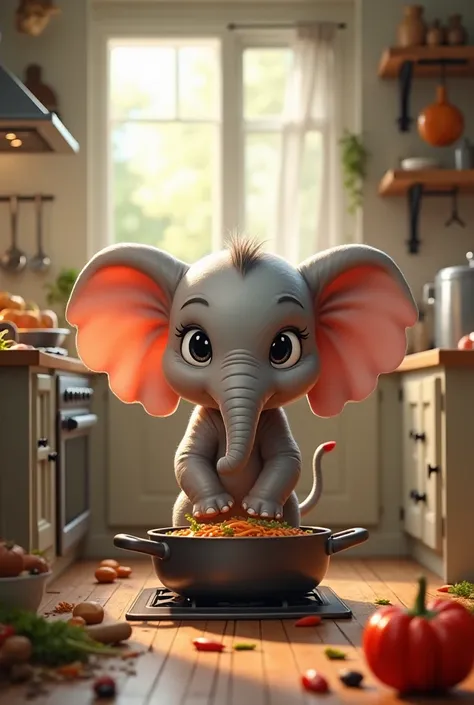 A baby elephant cooking food