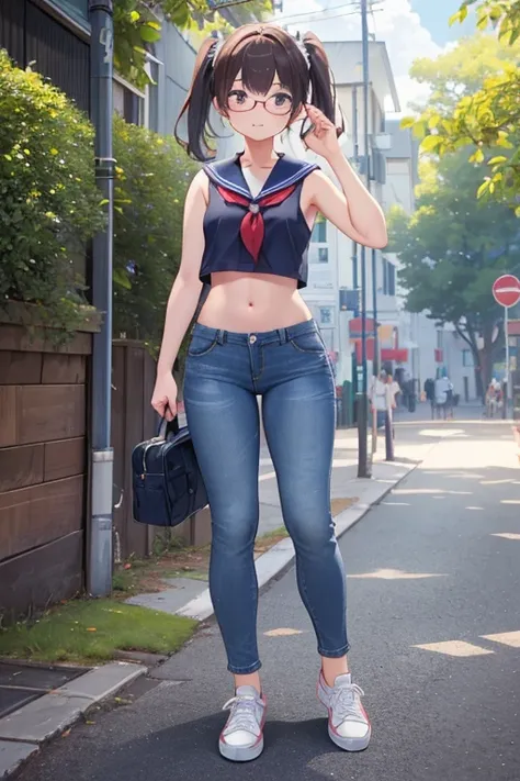  standing picture 、  full picture、  back of the anus、  high school girl、 Chairman、（chest、shoulder、stomach、Navel exposed）、 armpits on the armrest、 denim straight jeans、  ankle-length long pants 、  sneakers、Glasses、  pigtails、  sailor suit、Summer clothes、  s...