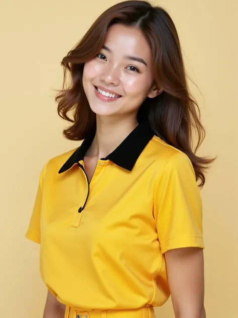 europian woman, yellow polo t-shirt black sleeves black short sleeves black collar, 1 girl, Solo, High Quality, smile girl, black collars on t-shirt, empty neck, clear neck, bare neck