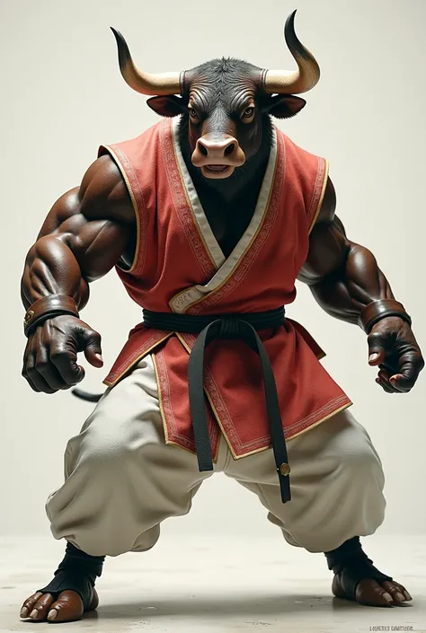 Hyperrealistic bull in Taekwondo costume 