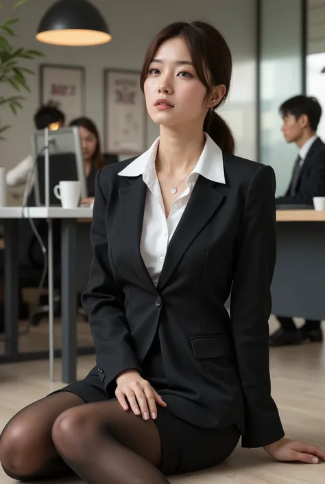 masterpiece, 8k, photorealistic, raw photo, beautiful Japanese mature woman, beautiful office worker, detailed face, business suits, pencil skirt, black pantyhose, sitting on the floor