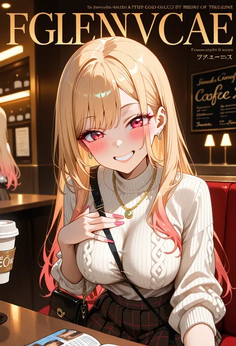 Marin Kitagawa, sitting at a cozy café counter, resting one arm against her chest while bringing a coffee cup to her lips, slightly turning her upper body to the side, long wavy blonde hair softly swaying, light pink ombre hair, red eyes, earrings, stylish...