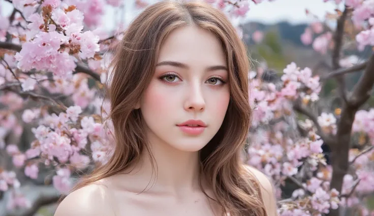 Beautiful woman around 25 years old watching Kawazu cherry blossom, Photorealistic, Masterpiece, Top quality, RAW photo, Brown hair, Detailed face, Attractive face, Dynamic pose. Smiling.