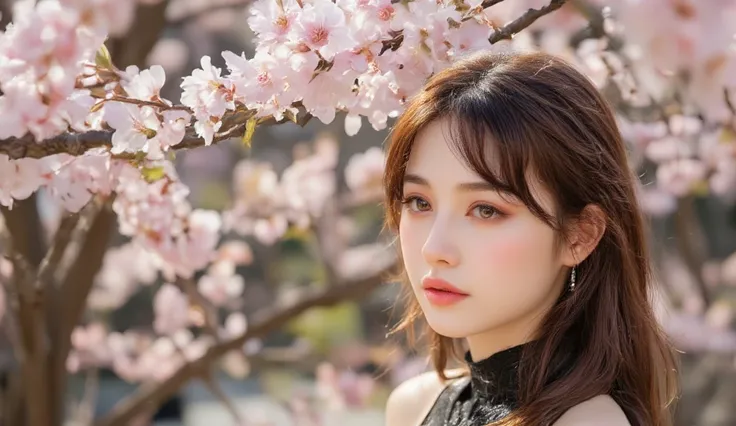 Beautiful woman around 25 years old watching Kawazu cherry blossom, Photorealistic, Masterpiece, Top quality, RAW photo, Brown hair, Detailed face, Attractive face, Dynamic pose. Smiling.