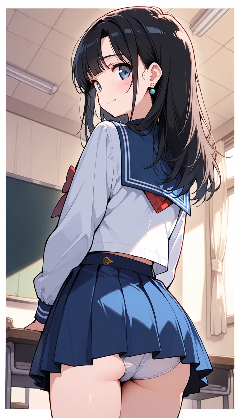 ( beautiful girl : 1.3), 1 girl,( sailor suit, Long Sleeve, skirt by humili, earrings, pure white underwear,pubic hair), black hair, long hair,smile, is bashful,blush, back view,Butt,classroom,masterpiece, top quality, ultra high resolution, rich contrast,...