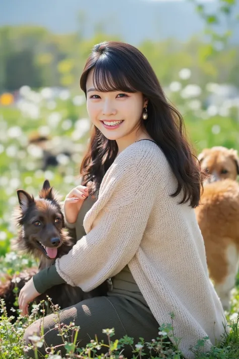  「A Japanese woman sitting on a grassy field, surrounded by several playful and affectionate dogs. She is wearing a relaxed, casual outfit, such as a light sweater and comfortable jeans, with her hair flowing gently in the breeze. The dogs, of various size...