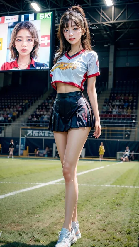 A beautiful young Japanese woman, 20 years old, with perfect anatomy, healthy thighs, beautiful feet, flawless skin, random hair color and style, large bust, (she is standing:1.2), wearing a cheerleader uniform with micro-pleated miniskirt, in a full body ...