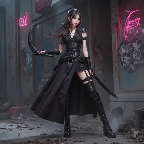 there is a ultimate beautiful woman in a long skirt and boots holding a black curved dagger, cyberpunk art inspired by Gang Se-hwang, tumblr, graffiti, ulzzang, warrior outfit, soldier outfit, cyberpunk style outfit, wearing cyberpunk streetwear, iu lee ji...