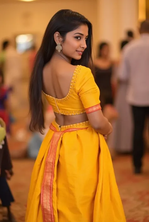 Realistic photo of waist of Beautiful south indian dusky dark skinned girl  in yellow cotton lehenga posing from behind in a marriage function