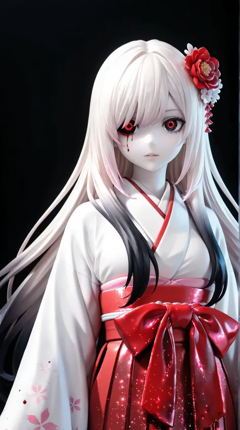  Hi-Res,  Masterpiece, accurate,  high quality,  high quality model,  very detailed that ,  simple background,  Glitter Effect ,  super detailed,  in front of Shimokitazawa station,  ( top quality), white and black gradient hair, hair to hide one eye, Supe...