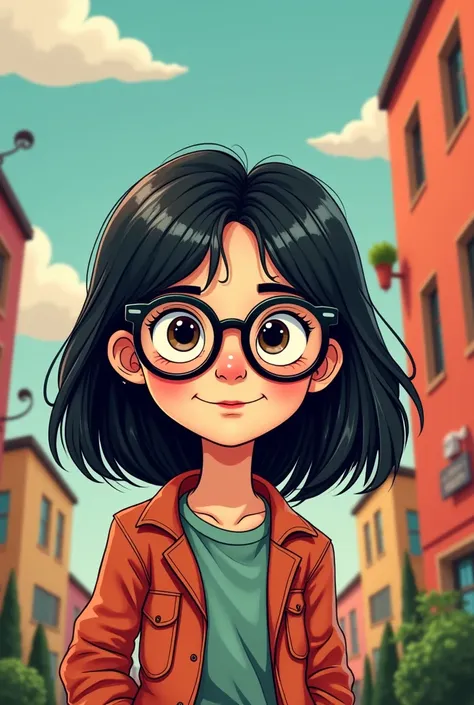 Cartoon woman dark hair glasses 