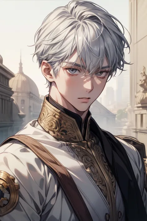 anime boy, very handsome face, very white skin, charming gaze, silver hair, light gray eyes, prince style, artistic background, (sharp eye details), (sharp face details), (body details), (background details), make clear and good pictures), make 4k and 8k p...