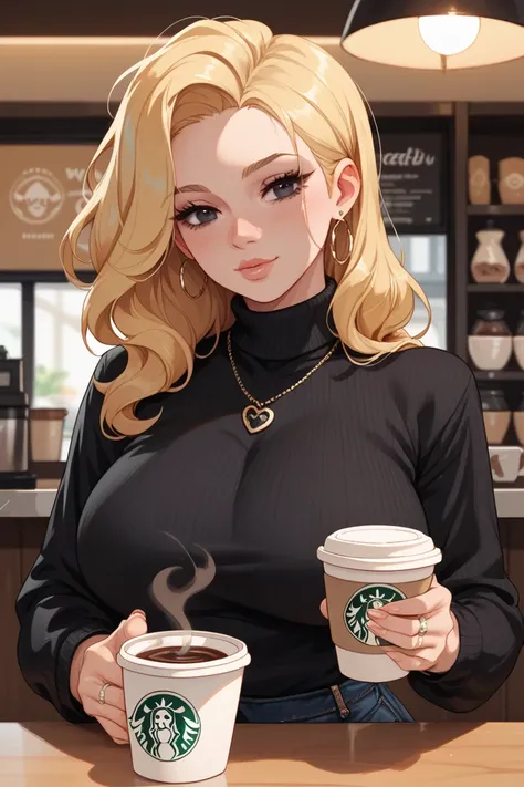 black sweater, wedding ring, coffee shop, large breasts, light skin, spiky buns in hair, black dot eyes, blonde hair,