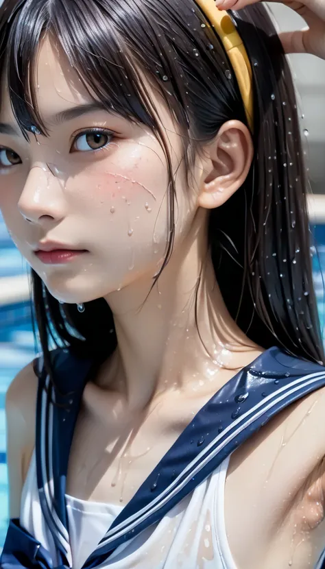 (((There is a wet elementary school student with a round face in the pool at dusk、Beautiful Skin、 beautiful face、 wet sailor suit)))、break (((((( face close-up、 side view ))))))、((((( flat chest without bulges )))))、(((((Close-up armpit 、Zoom up collarbone...