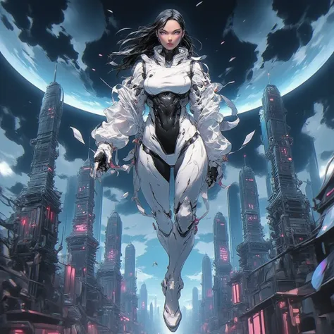 - Main Character, Beautiful "Middle Eastern" Woman, Long Black Bluish Hair.

- Wearing a costume ("Full Sexy Armor").
Chest and Thigh Armor open.
Wearing a transparent clear jacket.
High-tech futuristic costume design.

- Sexy and athletic body shape.
Perf...