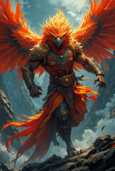 A (((garuda))), a mythical hindu ancient warrior with superhuman strength and speed, depicted in a ((cinematic scene)) at 8K resolution, with intricate details and (hyper-realistic garuda body with flowing, thick hair) showcasing its remarkable speed and a...