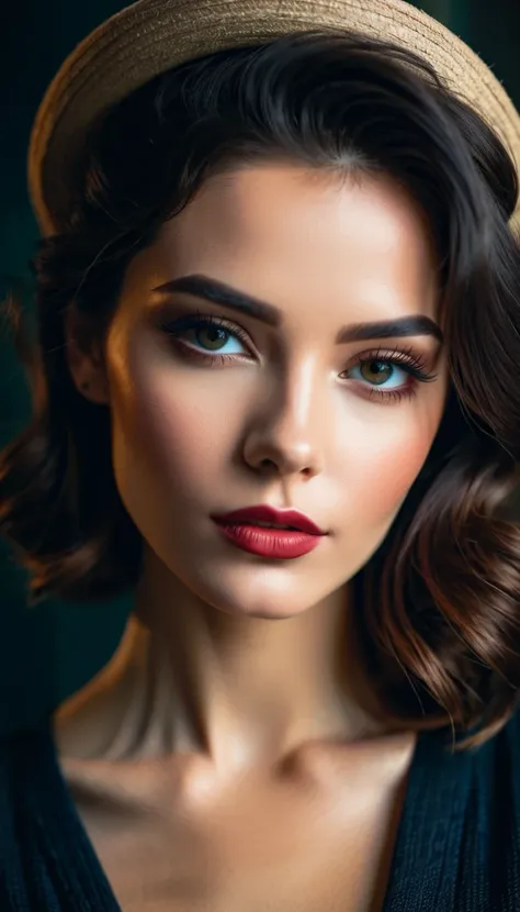 A very beautiful European woman with a perfect face, makeup, dressed in vintage style, has a beautiful hairstyle. Dark appearance, noir film effect, grunge lining. 