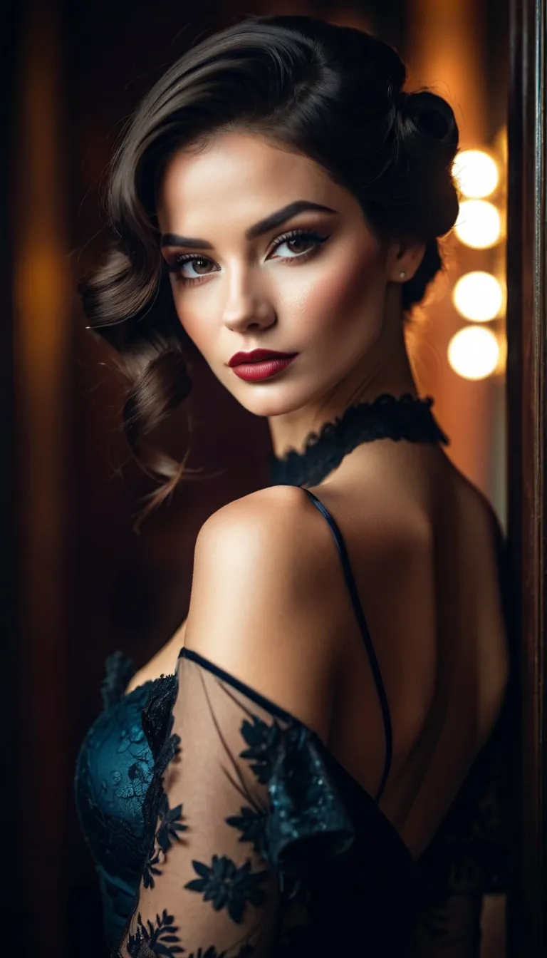 A very beautiful European woman with a perfect face, makeup, dressed in vintage style, has a beautiful hairstyle. Dark appearance, noir film effect, grunge lining. 