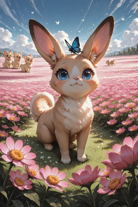 masterpiece, best quality, amazing quality, very aesthetic, illustration featuring cute animals like a kitten, a puppy, and a bunny playing together in a blooming meadow, they all have big eyes and soft, rounded features, adding to their charm, bright flow...