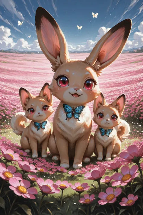 masterpiece, best quality, amazing quality, very aesthetic, illustration featuring cute animals like a kitten, a puppy, and a bunny playing together in a blooming meadow, they all have big eyes and soft, rounded features, adding to their charm, bright flow...