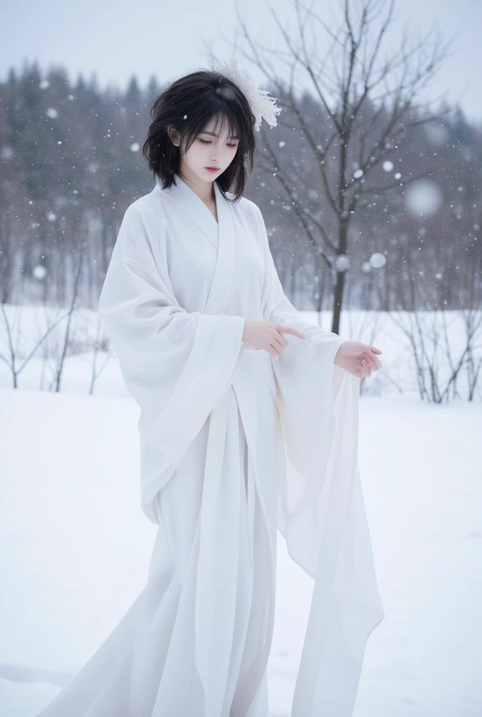 Make the next full-body image of Yukijo。 beautiful、Sad、 white kimono、 Snow Scenery 