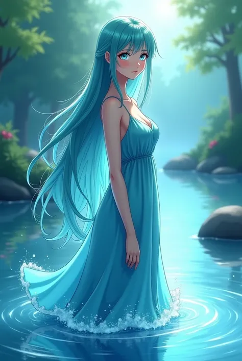 "4K anime style quality, digital drawing mode, calm and serene woman with long flowing aqua blue hair, glowing teal eyes, wearing a flowing blue dress that looks like it's made of water, standing by a tranquil river surrounded by droplets of water, peacefu...