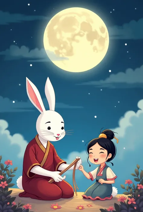 The white rabbit is on the moon. There is a palace on the moon called Guanghan Palace. The white rabbit and Chang&#39;e are in Guanghan Palace. The white rabbit is making medicine and Chang&#39;e is weaving clothes. The characters should be more obvious in...