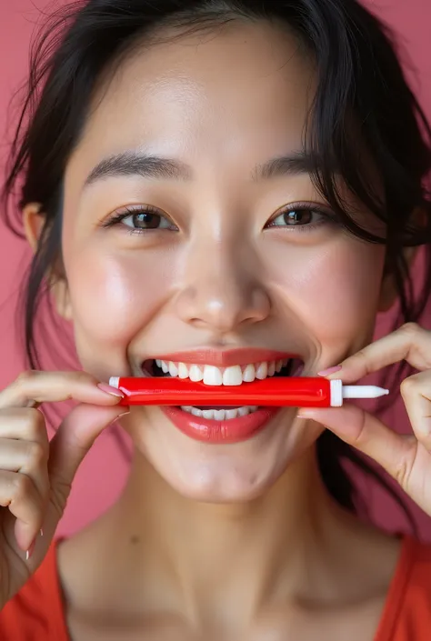 Cheerful sexy Asian girl makes a close-up photo of her face with her mouth smiling while biting a superglue tube permanently glued between her teeth 