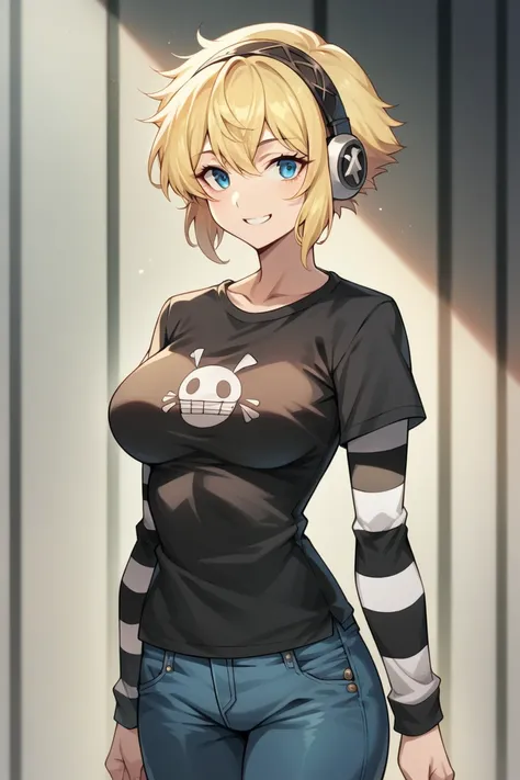 1 girl, solo, black short sleeve t-shirt, layered sleeves, white long sleeves, jeans, Aigis, blonde hair, blue eyes, black t-shirt over white long sleeves, large breasts, confident smile, striped sleeves, black short sleeve over long sleeve, black and whit...