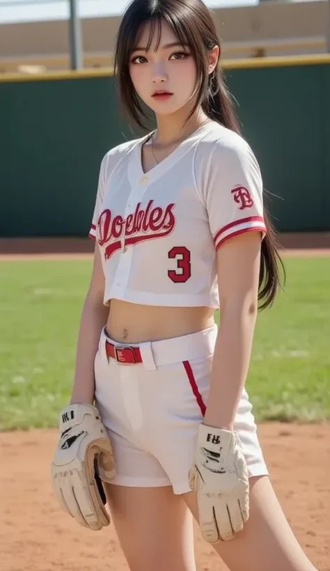 baseball girl、21 years old、woman、Beauty、 Black Hair Ponytail、 wearing a baseball uniform 、 uniform pants are shorts、 gloves 、The background is on the ground 、