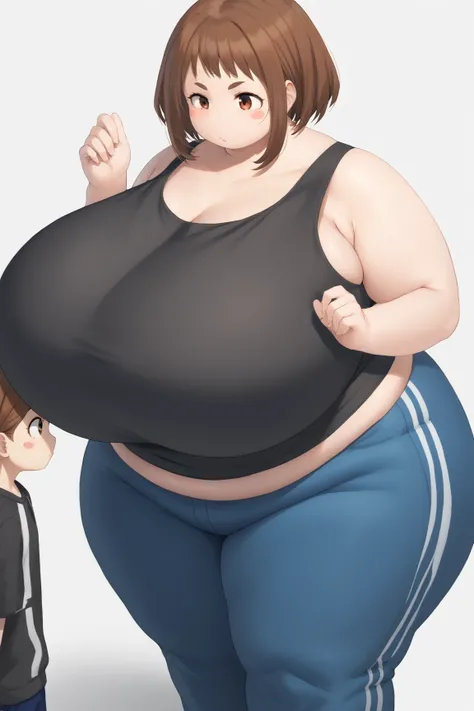 ochako uraraka, brown eyes, brown hair, short hair, blush, blush stickers,bare shoulders, pants, black shirt, tank top, blue pants, black tank top, track pants,gigantic breast,obese,(((fat))),((((Plump))))